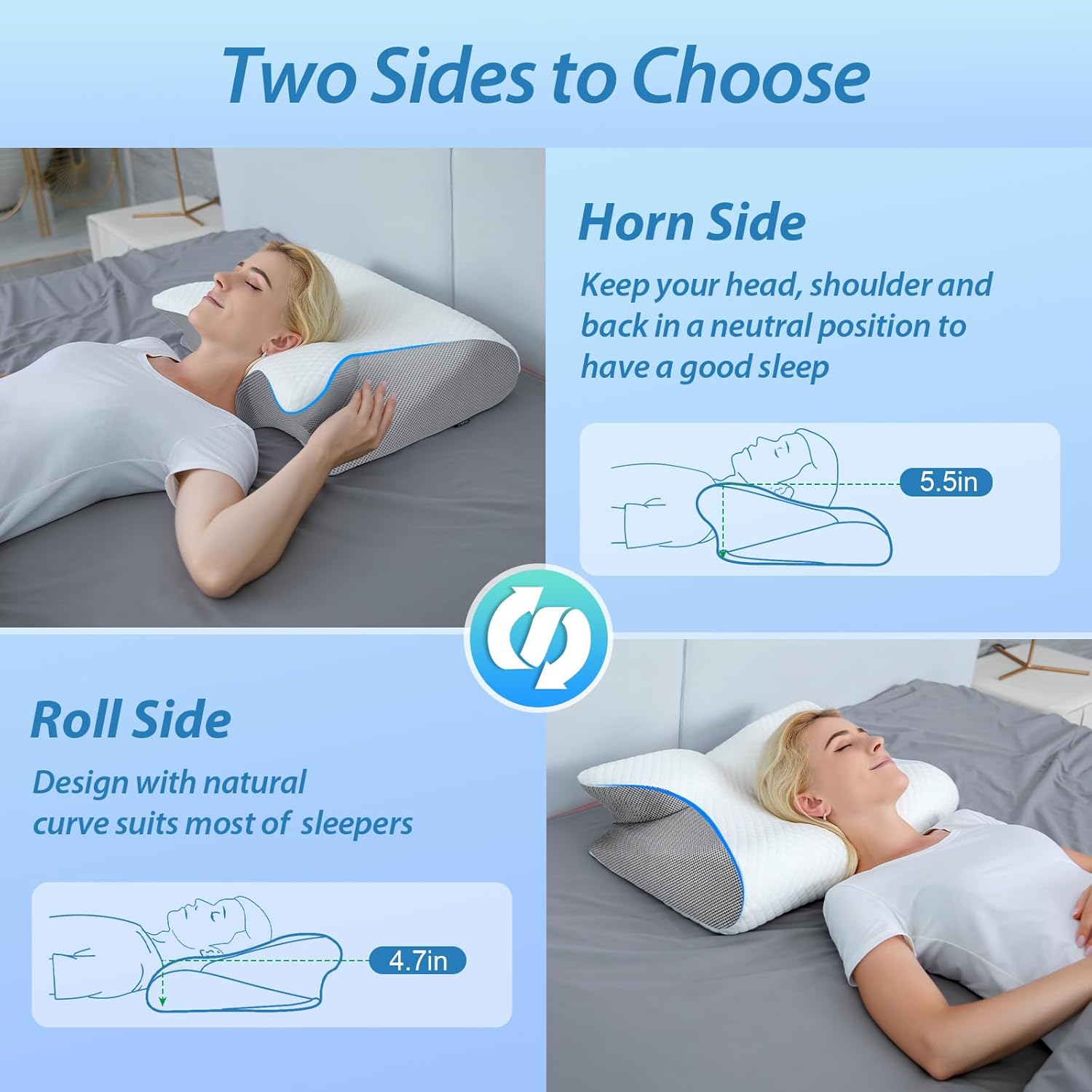 HOMCA Memory Foam Pillow, 2 in 1 Cervical Pillow for Neck Pain Relief, Ergonomic Neck Support Pillows for Side Back Stomach Sleepers with Breathable Pillowcase