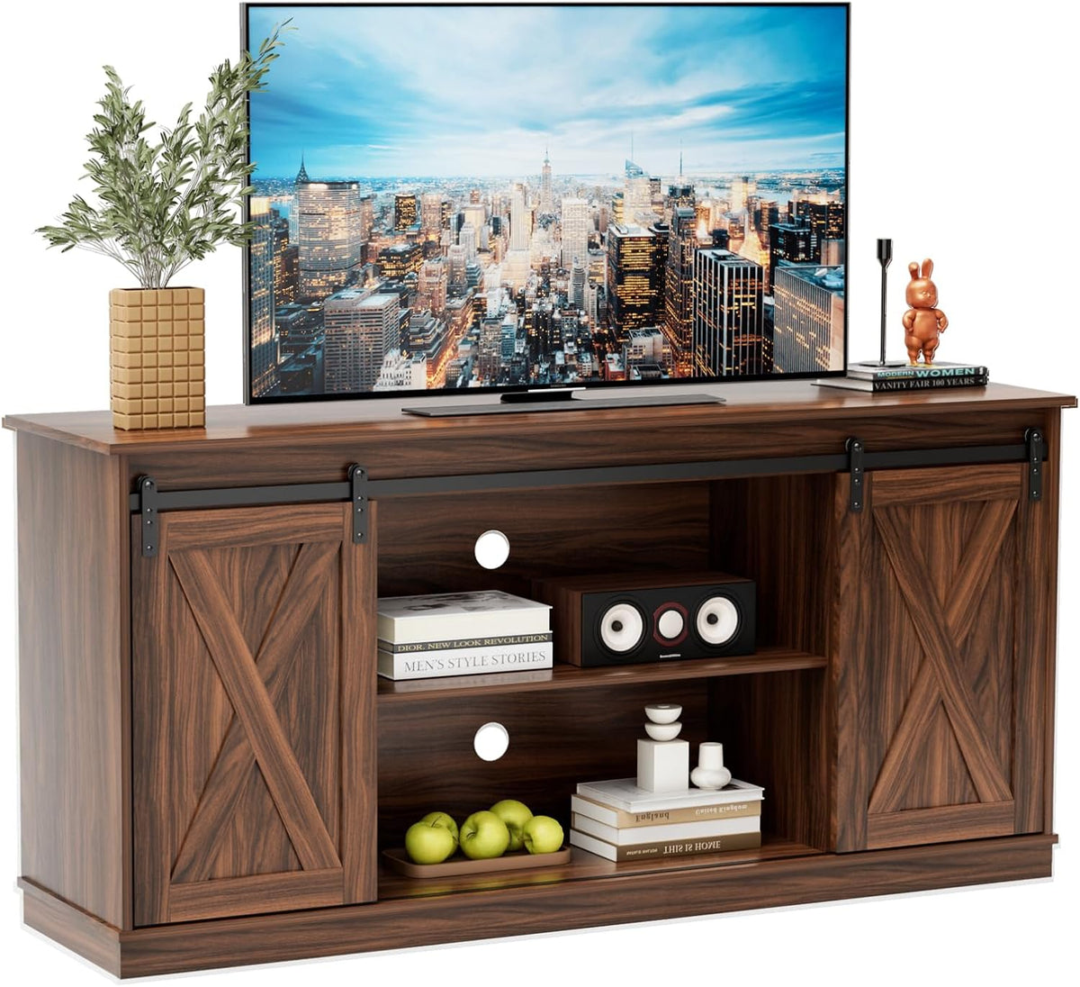 Farmhouse TV Stand 65 Inch for Living Room Bedroom Brown, 300 LBS Capacity