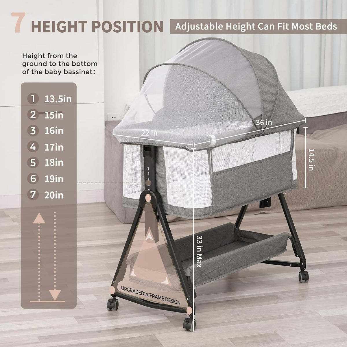 3 in 1 Baby Bassinet Bedside Sleeper for Baby, GREY