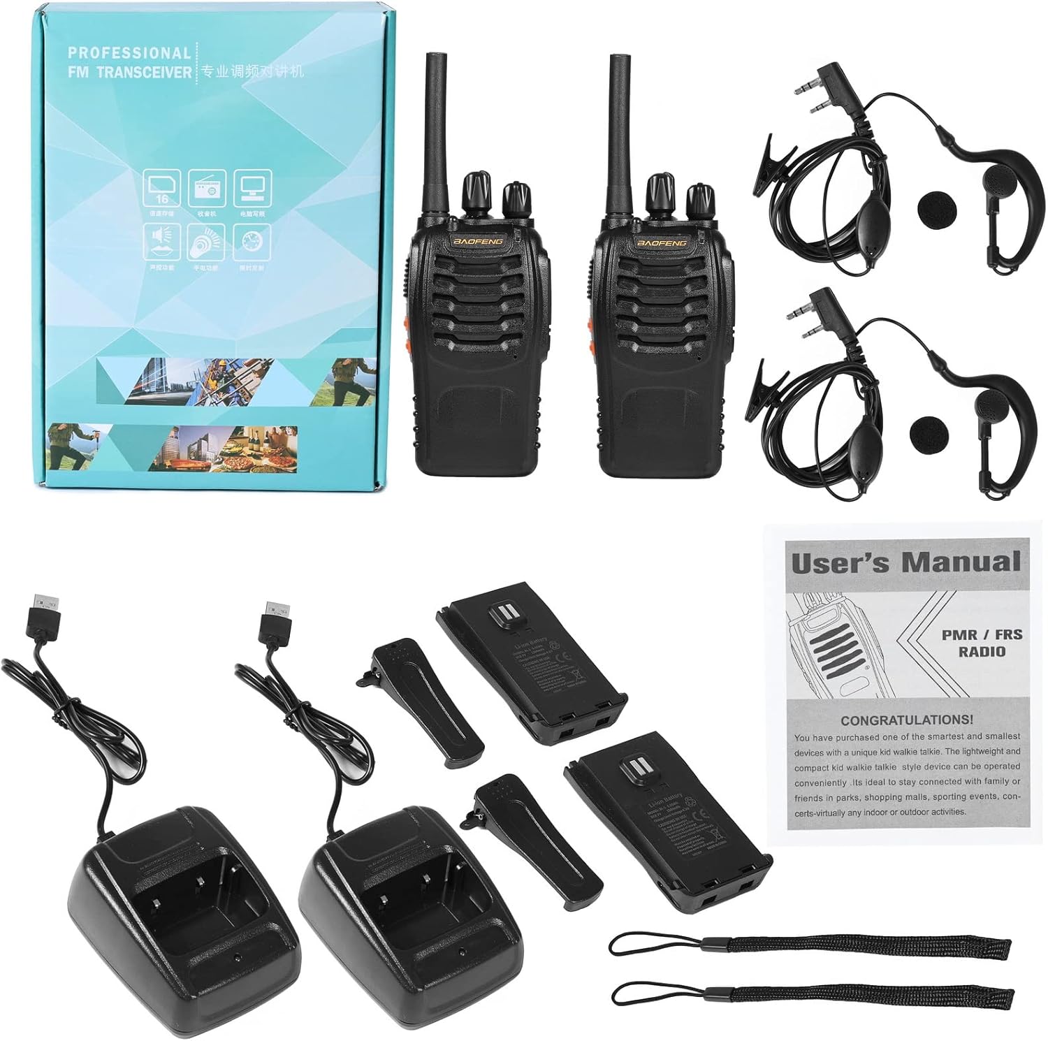 Radio Walkie Talkie 2W 16-Channel Two Way Radio with Earpiece, LED Flashlight