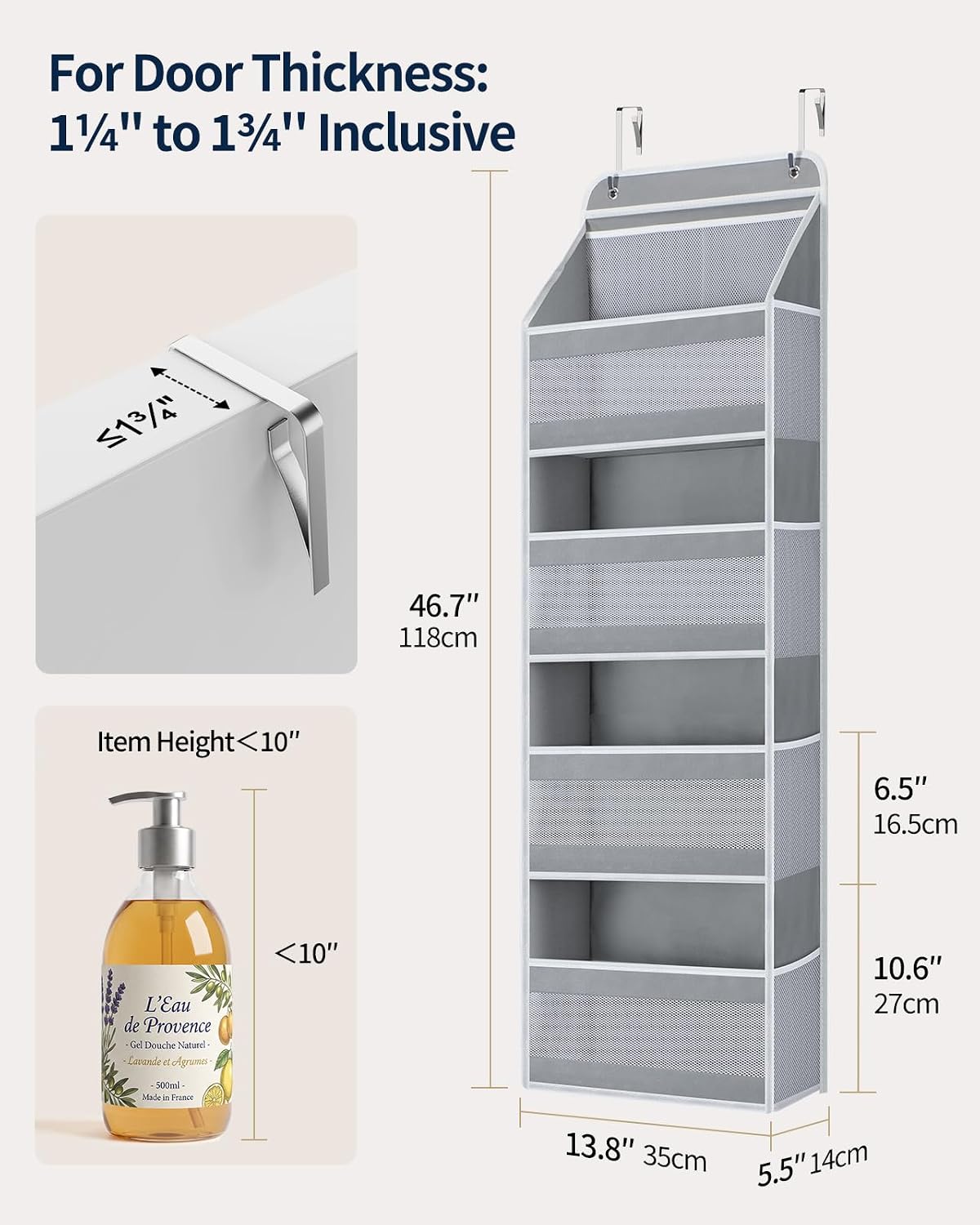 Yecaye Over the Door Organizer, Longer 4 Tier Door Organizer Hanging, Grey