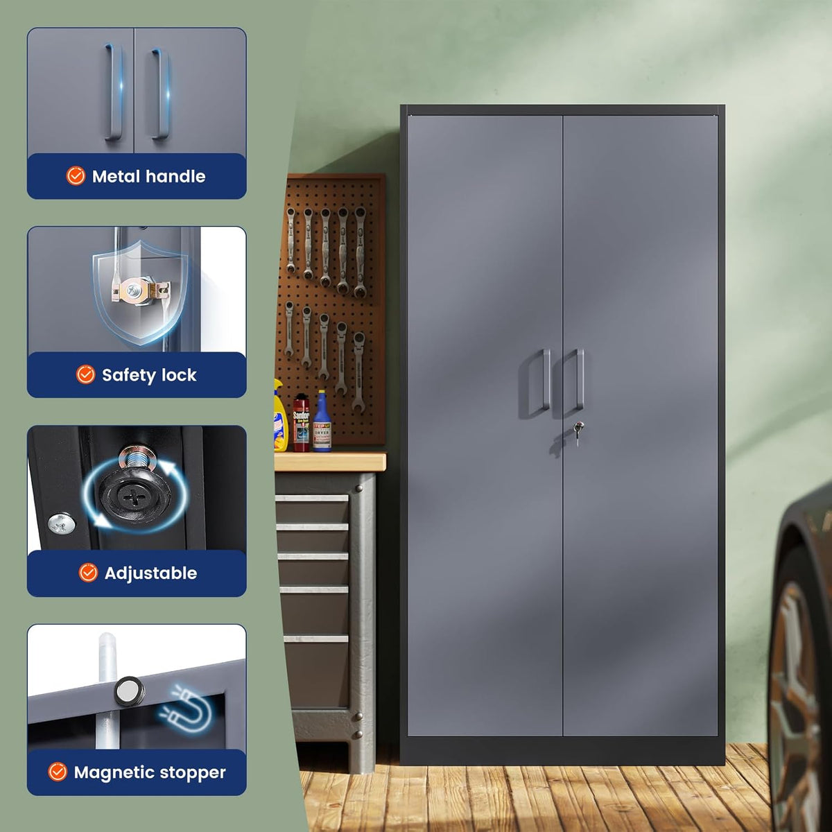 Yizosh Metal Storage Cabinet with Locking Doors and 5 Adjustable Shelves, 72"