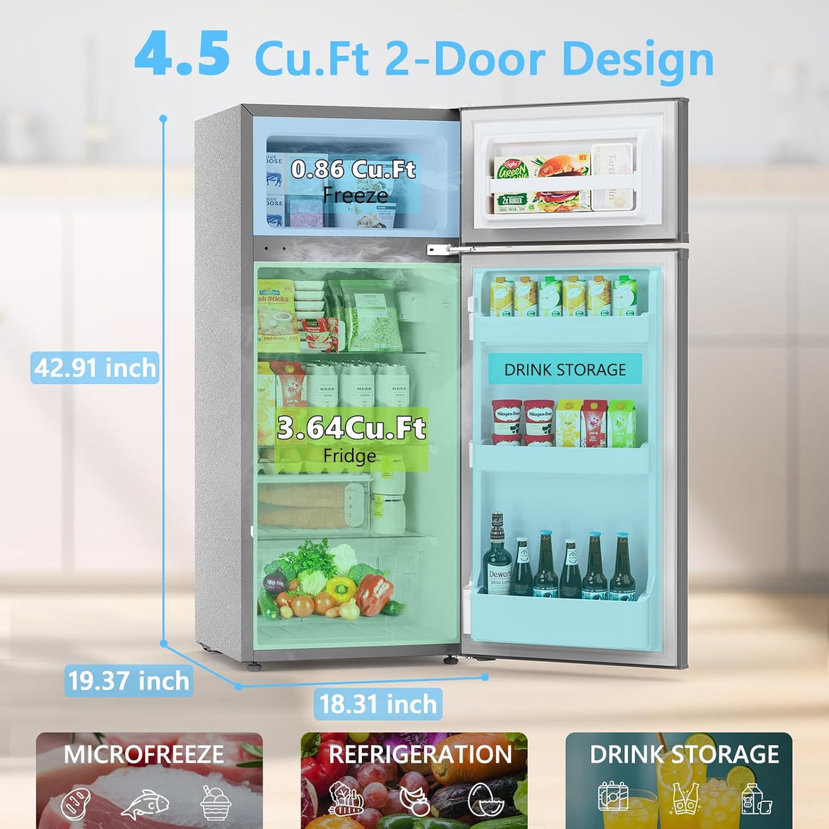 COWSAR 4.5 Cu.Ft Mini Fridge With Freezer for Kitchen Bedroom Office Etc, Grey