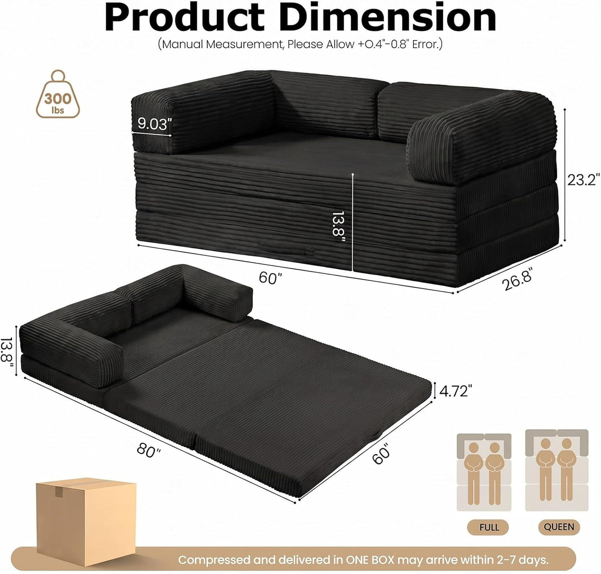 Sofa Bed, Tri-Fold Foldable Mattresswith Removable Arms & Washable Cover, Queen Size, Black