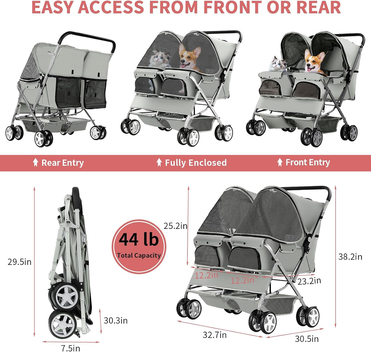Double Pet Stroller, Foldable Stroller for 2 Dogs &amp; Cats, Two-Seater Carrier, GREEN