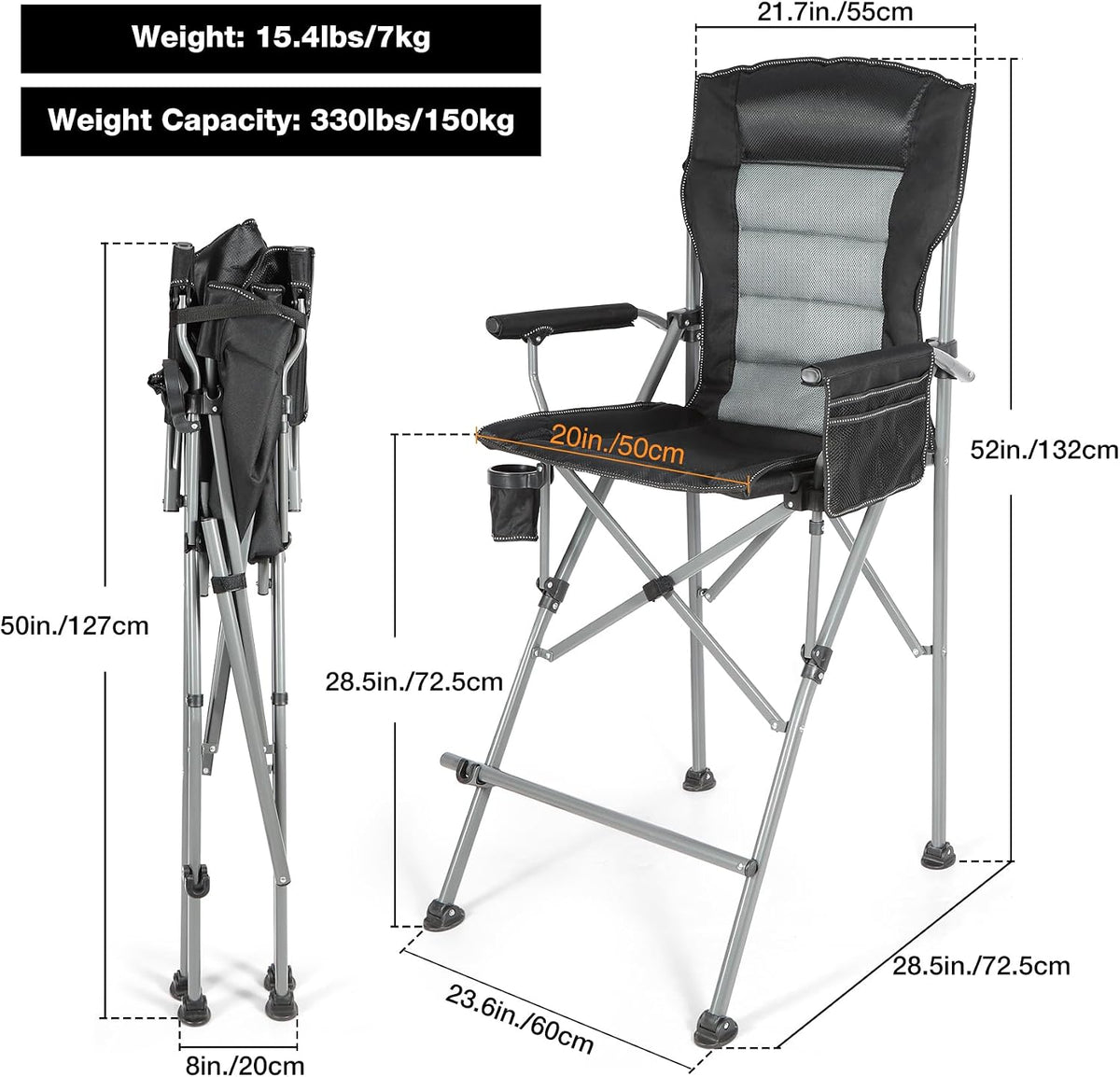 REDCAMP Oversized Tall Folding Camping Chair Heavy Duty 330lb, Black