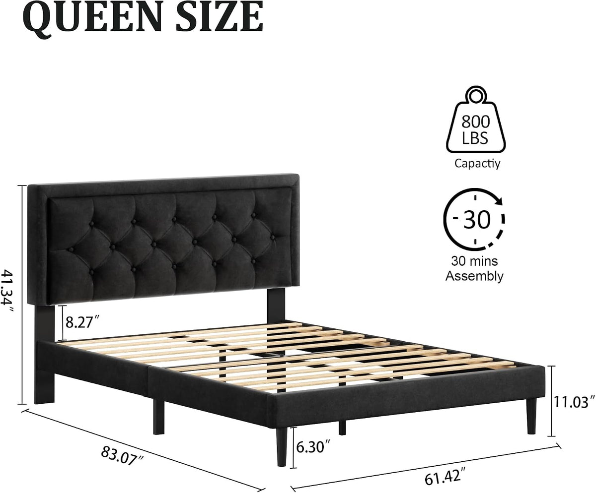 Queen Size Platform Bed Frame with Upholstered Velvet Button Tufted Headboard, CXVX BLACK