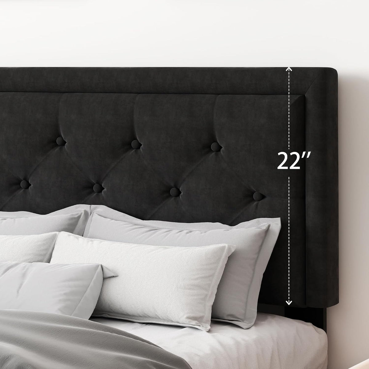 Queen Size Platform Bed Frame with Upholstered Velvet Button Tufted Headboard, CXVX BLACK