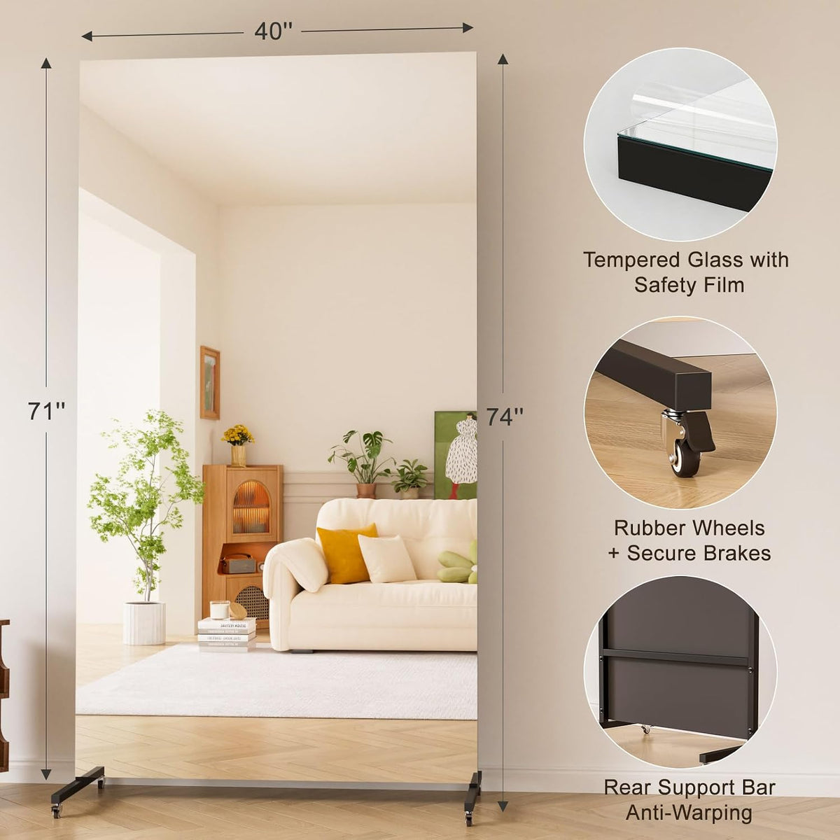 Brisafe Rolling Shatterproof Nano Mirror with Wheels, 67 x 40 in, Black