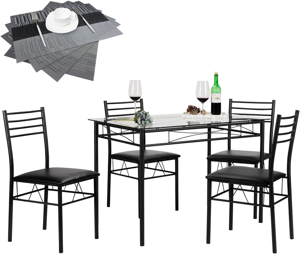 Dining Table Set for 4, Kitchen Table with Upholstered Chairs, VECELO BLACK