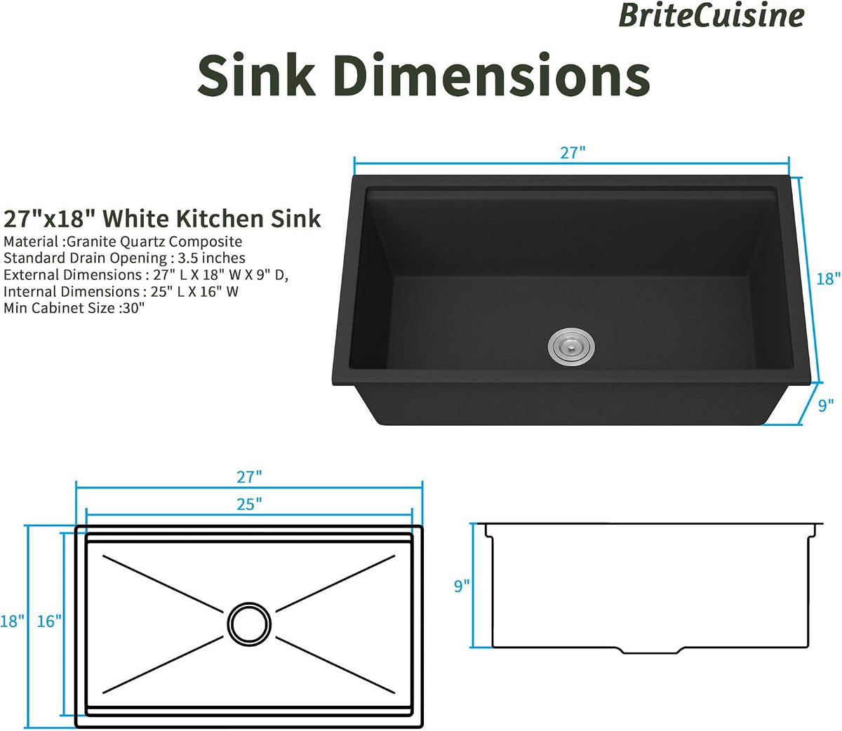 Undermount Granite Composite Kitchen Sink Under-Mount, 27-Inch Black