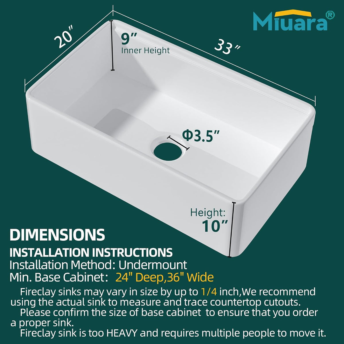Miuara 33 x 20 Inch White Apron Front Farmhouse Workstation Kitchen Sink