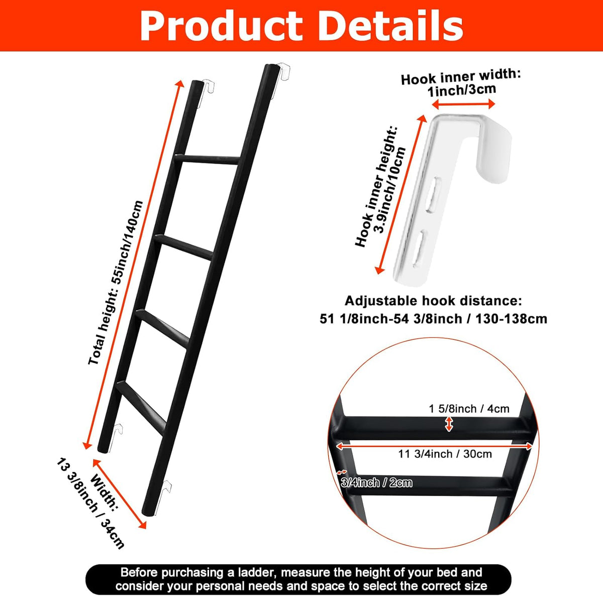 RV Bunk Bed Ladder, 55Inch Heavy Duty Travel Trailer Bed Ladders, (Black, 55inch)