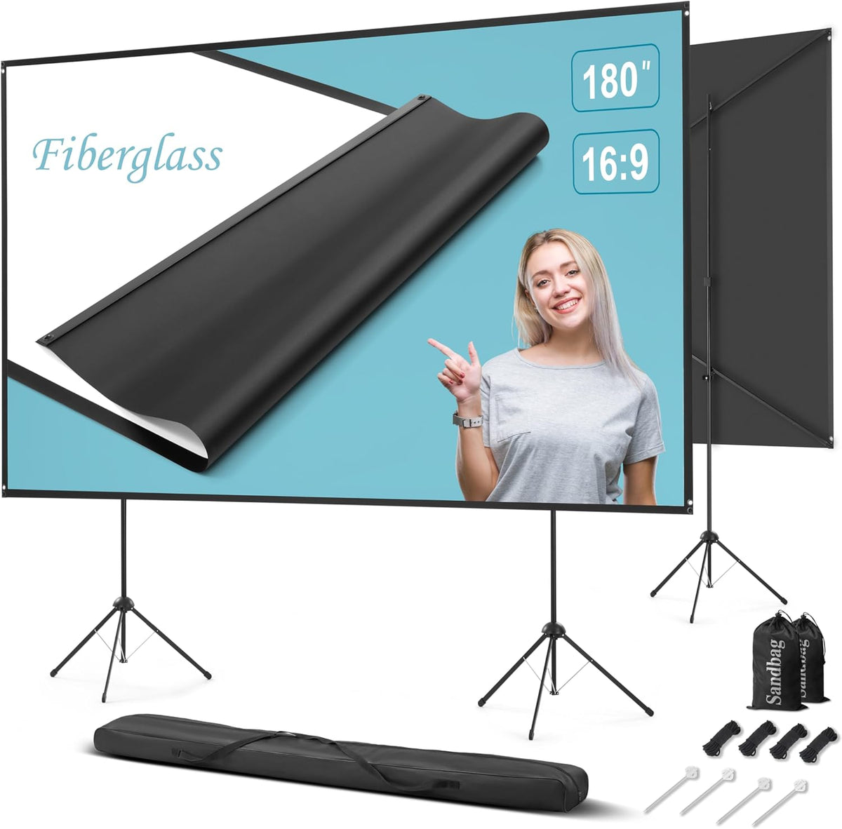 Outdoor Projector Screen with Stand 180 inch 16:9, BLACK