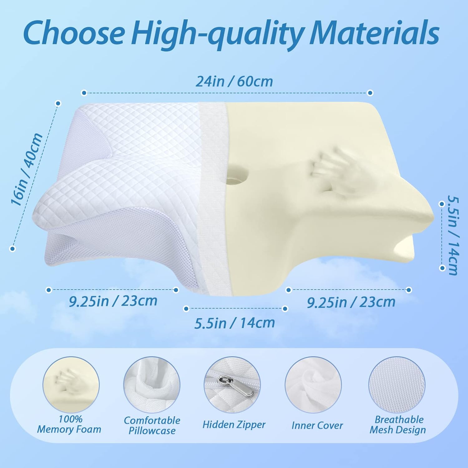 HOMCA Memory Foam Pillow, 2 in 1 Cervical Pillow for Neck Pain Relief, Ergonomic Neck Support Pillows for Side Back Stomach Sleepers with Breathable Pillowcase