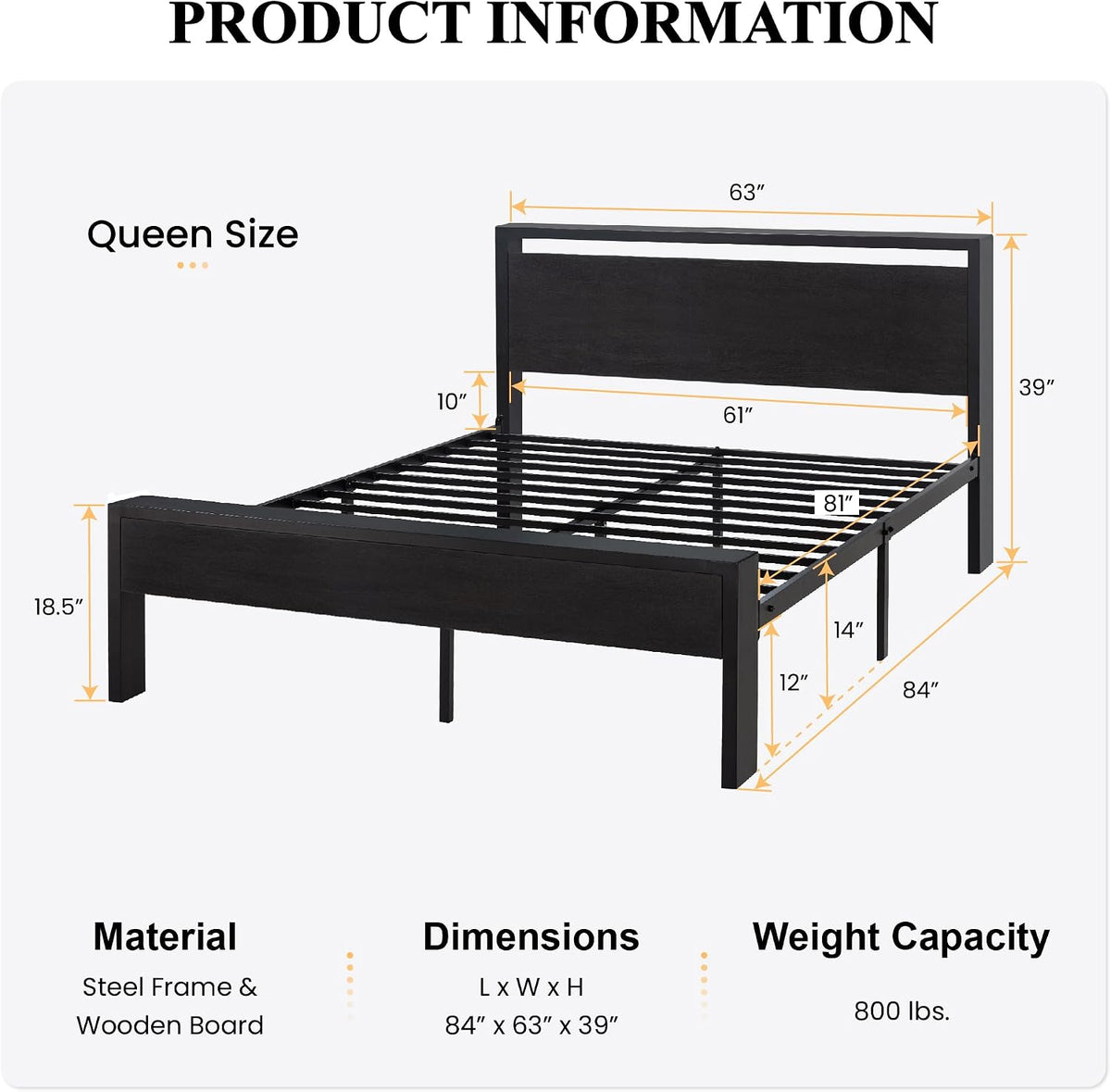 Queen Size Metal Platform Bed Frame with Wooden Headboard and Footboard, 14 Inch
