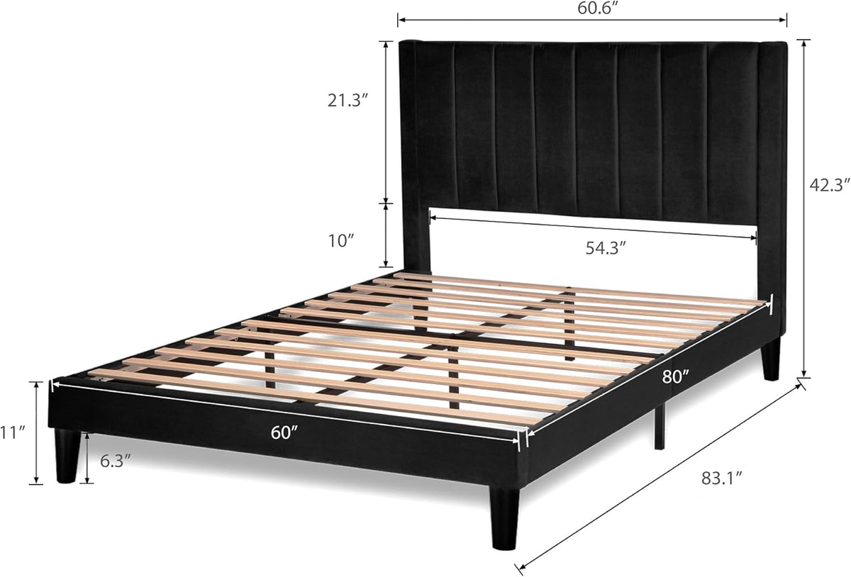 Queen Bed Frame/Velvet Upholstered Bed Frame, Allewie Black