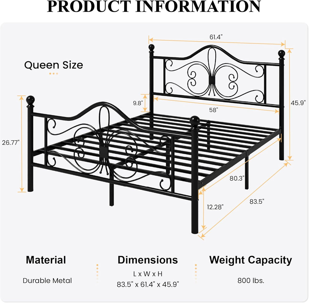Full Size Bed Frame and Headboard, Metal Bed Frame BLACK