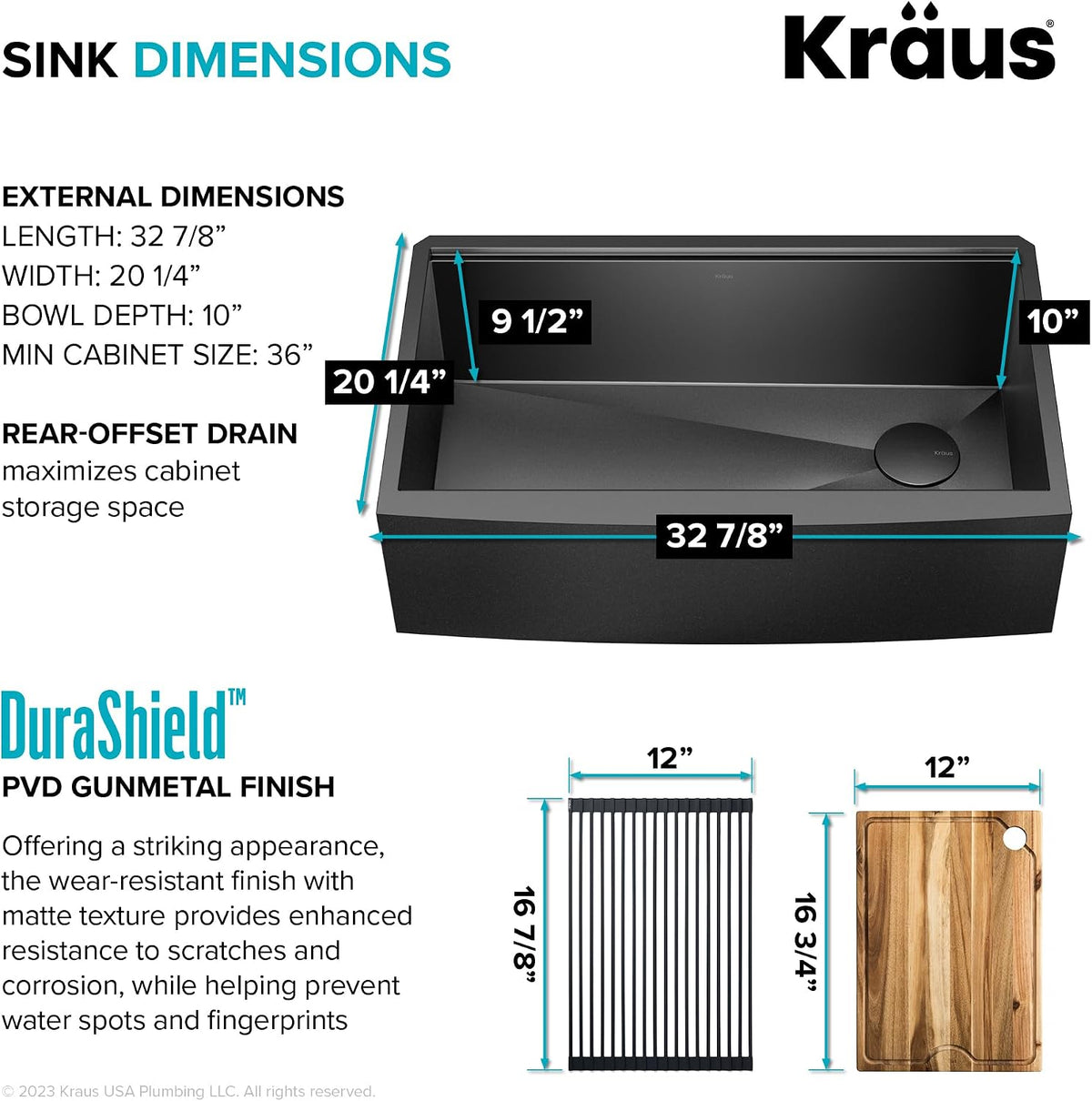 Kore Workstation 33-inch Farmhouse Apron Front 16 Gauge Black Stainless Steel. KWF210-33/PGM