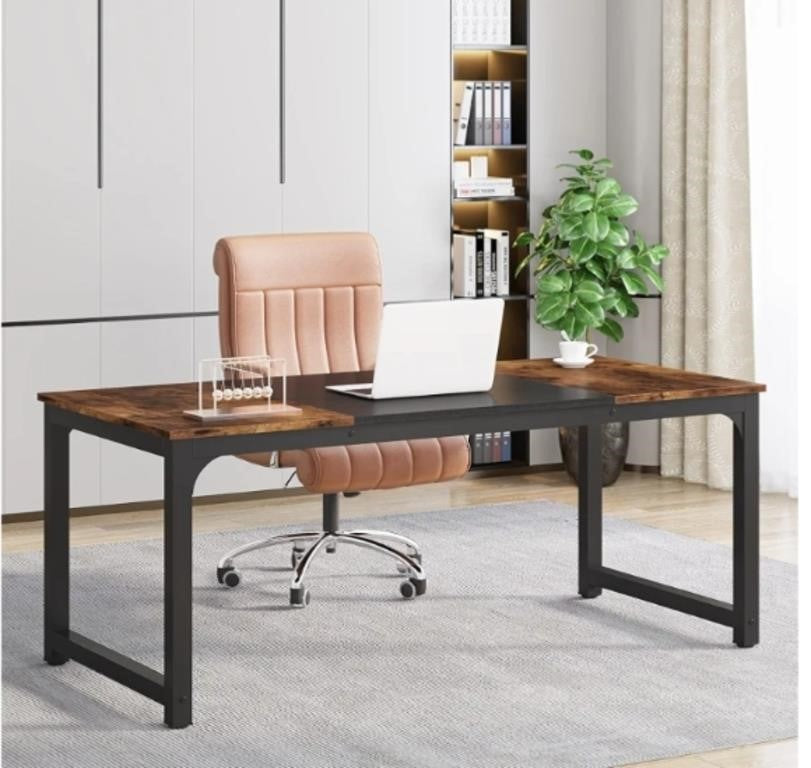 Tribesigns Modern Computer Desk, Large Vintage Black Metal Frame,Black and Brown, 63 x 31.5 inch