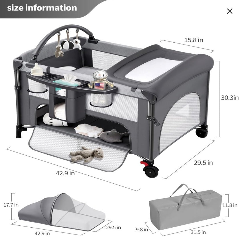 YoYiCuna 4 in 1 Pack n Play with One-Hand Setup, Comes with Mattress, GREY