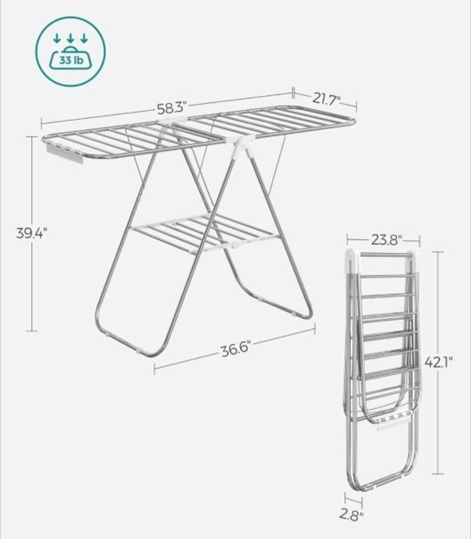 SONGMICS Clothes Drying Rack, Laundry Rack, Silver and White ULLR052W01