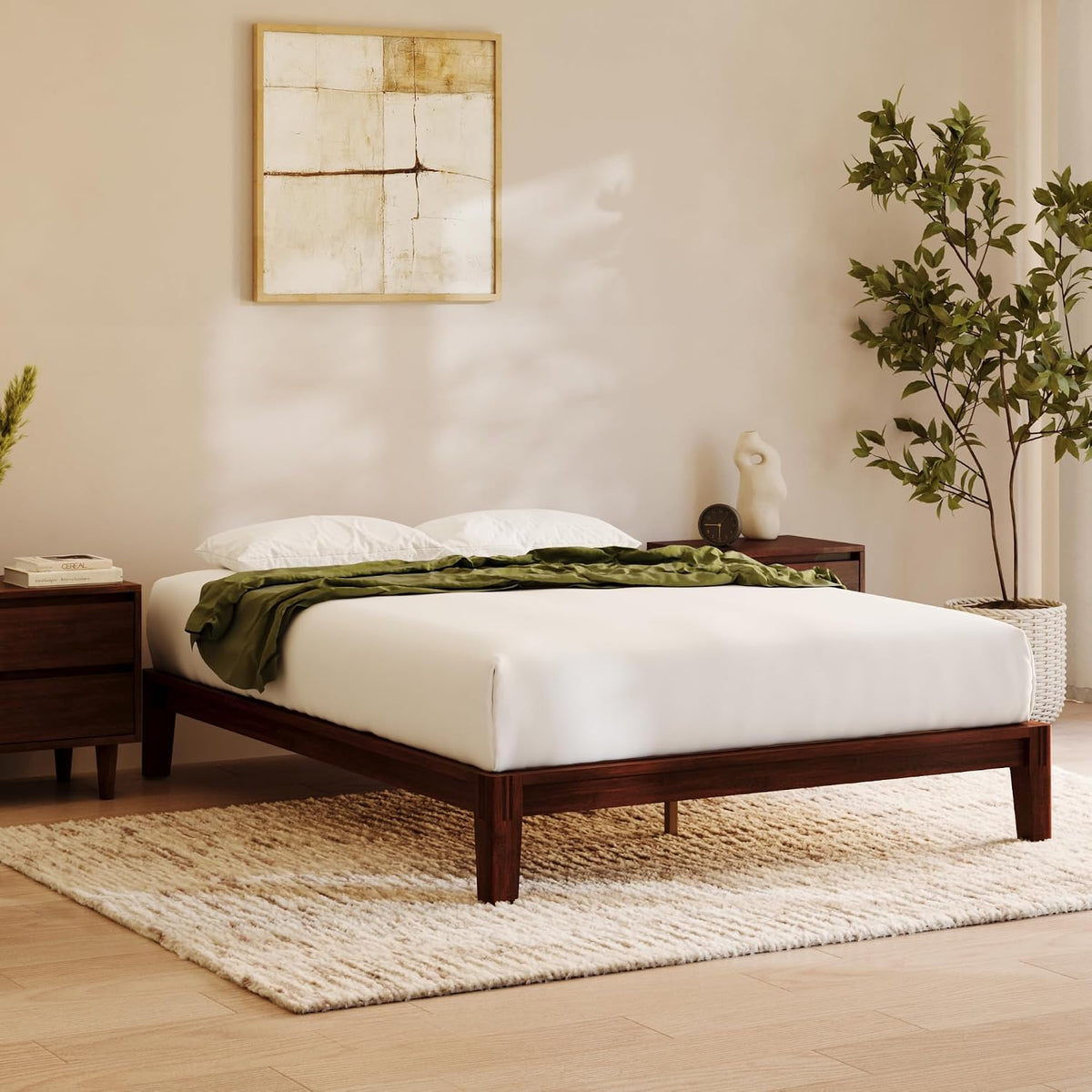 Bed Frame Queen, Walnut Bamboo Platform 12” Height