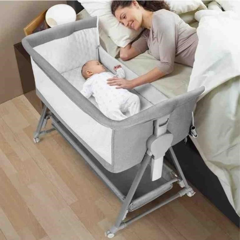 Cowiewie Bassinet Bedside Sleeper, Baby Bassinet with 7 Adjustable, Light Gray, P800L