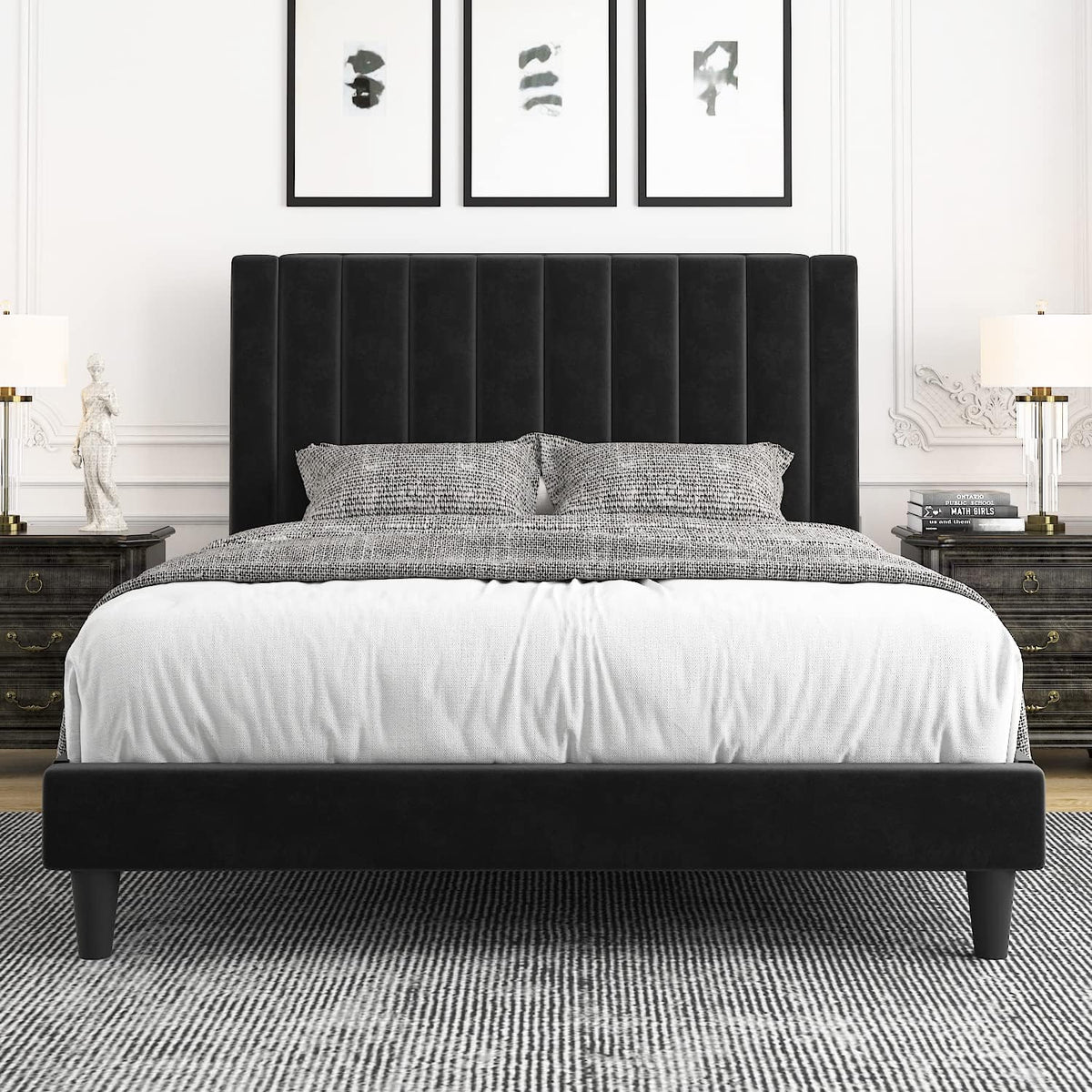 Queen Bed Frame/Velvet Upholstered Bed Frame, Allewie Black