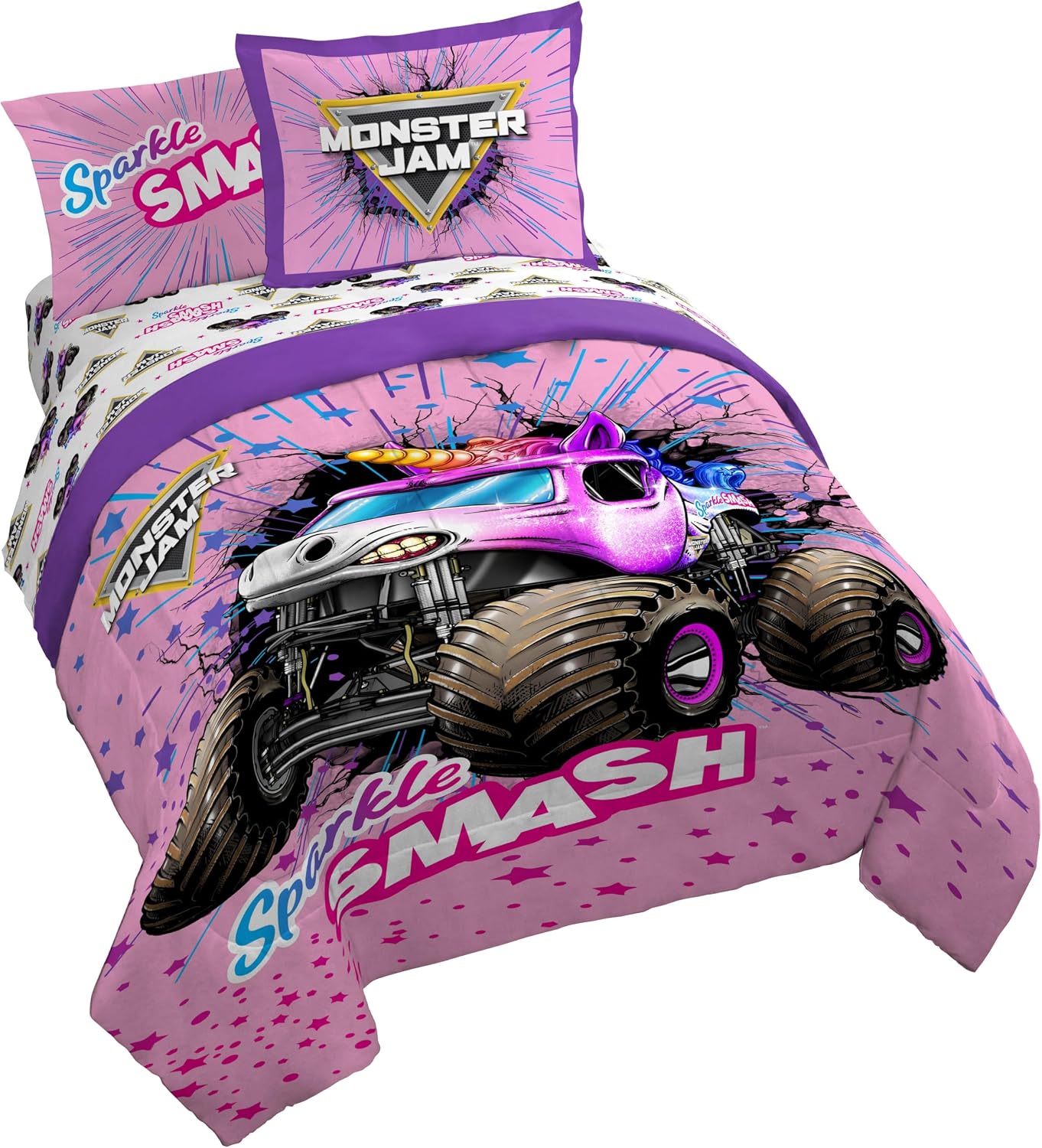 Jay Franco Kids Bed Set, Pink, Monster Jam, 7 Piece Queen