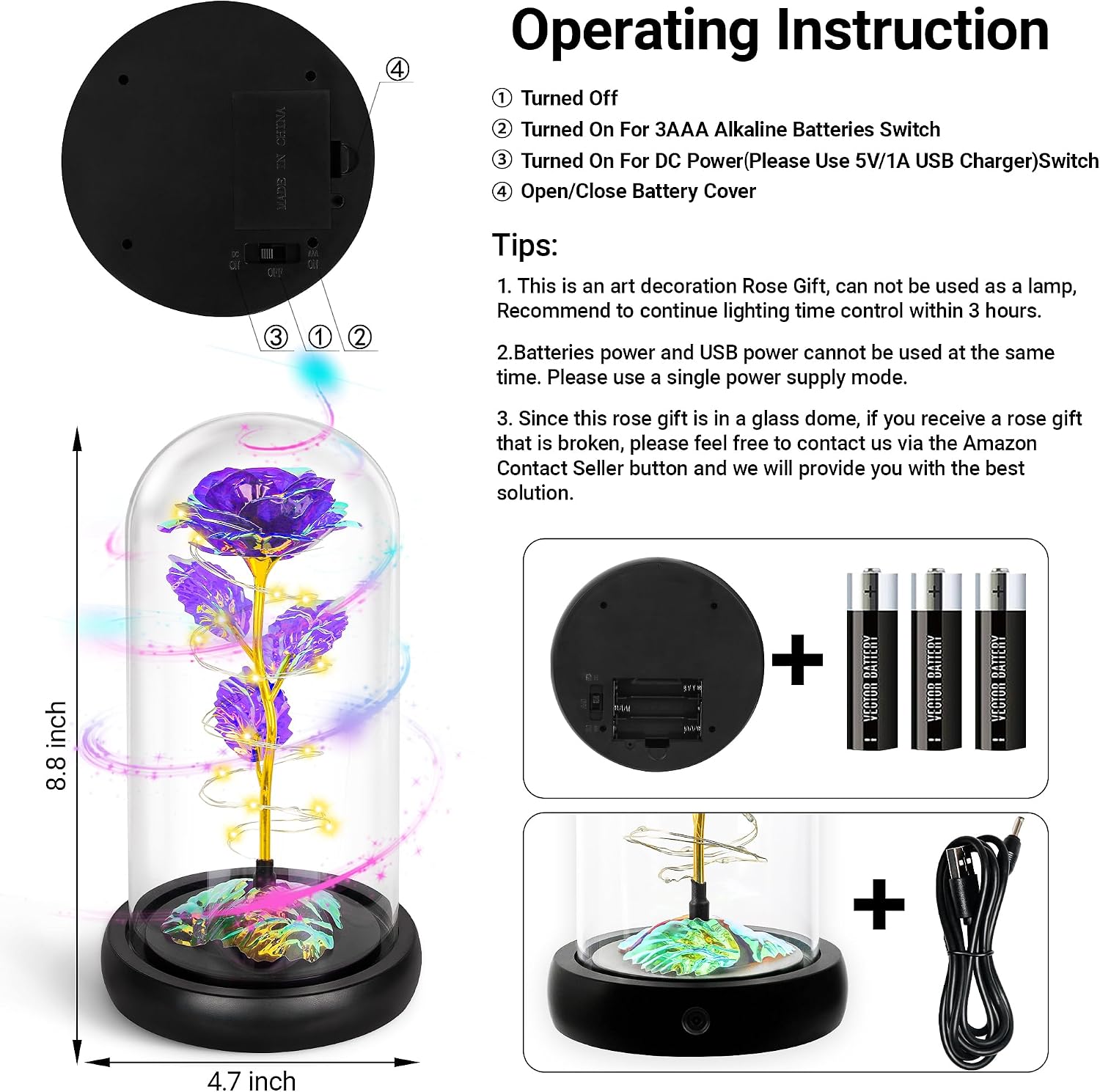 Rotating Light Up Rose in A Glass Dome