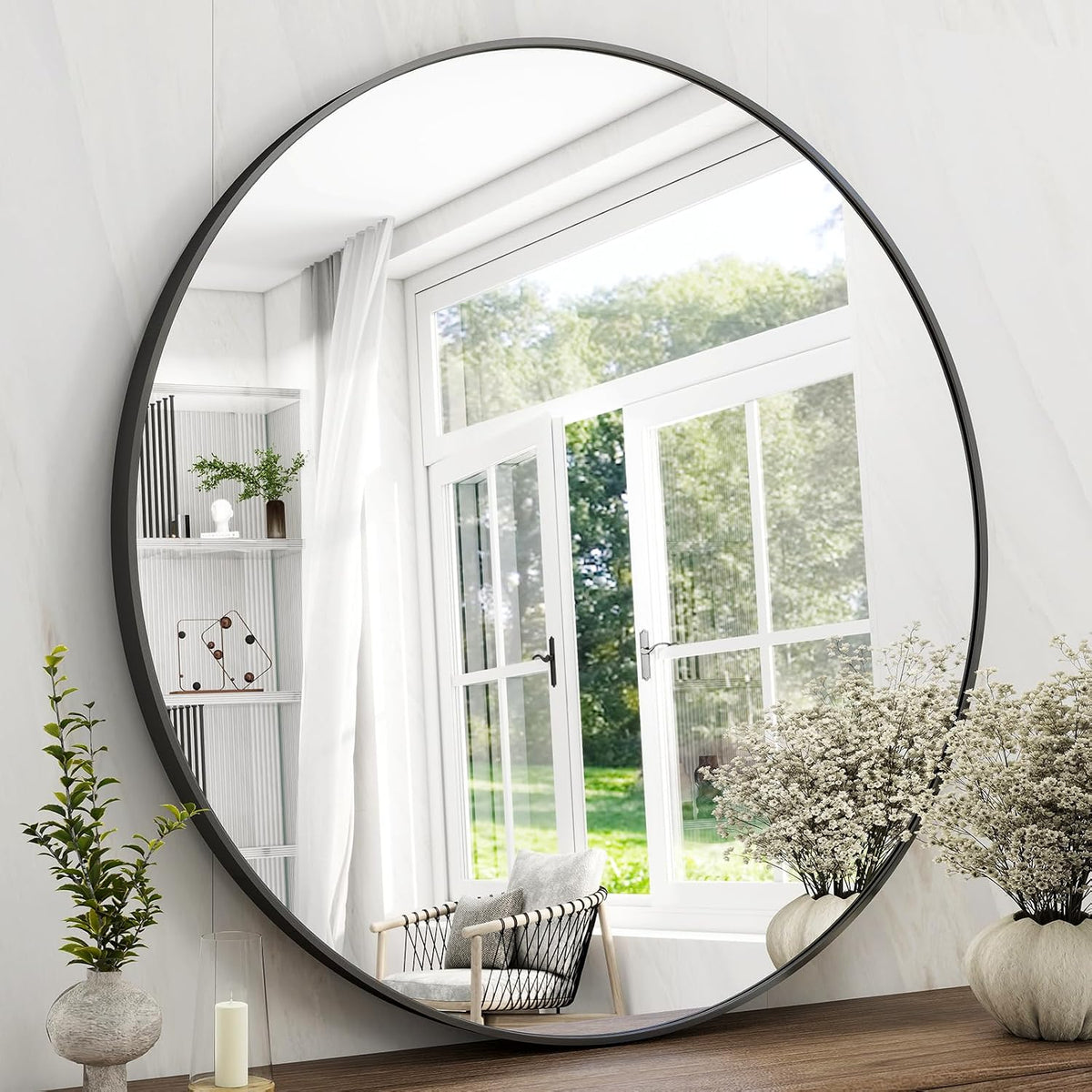 42 Inch Round Bathroom Mirror - Black Wall Mounted Circle Mirror with Metal Frame Round black