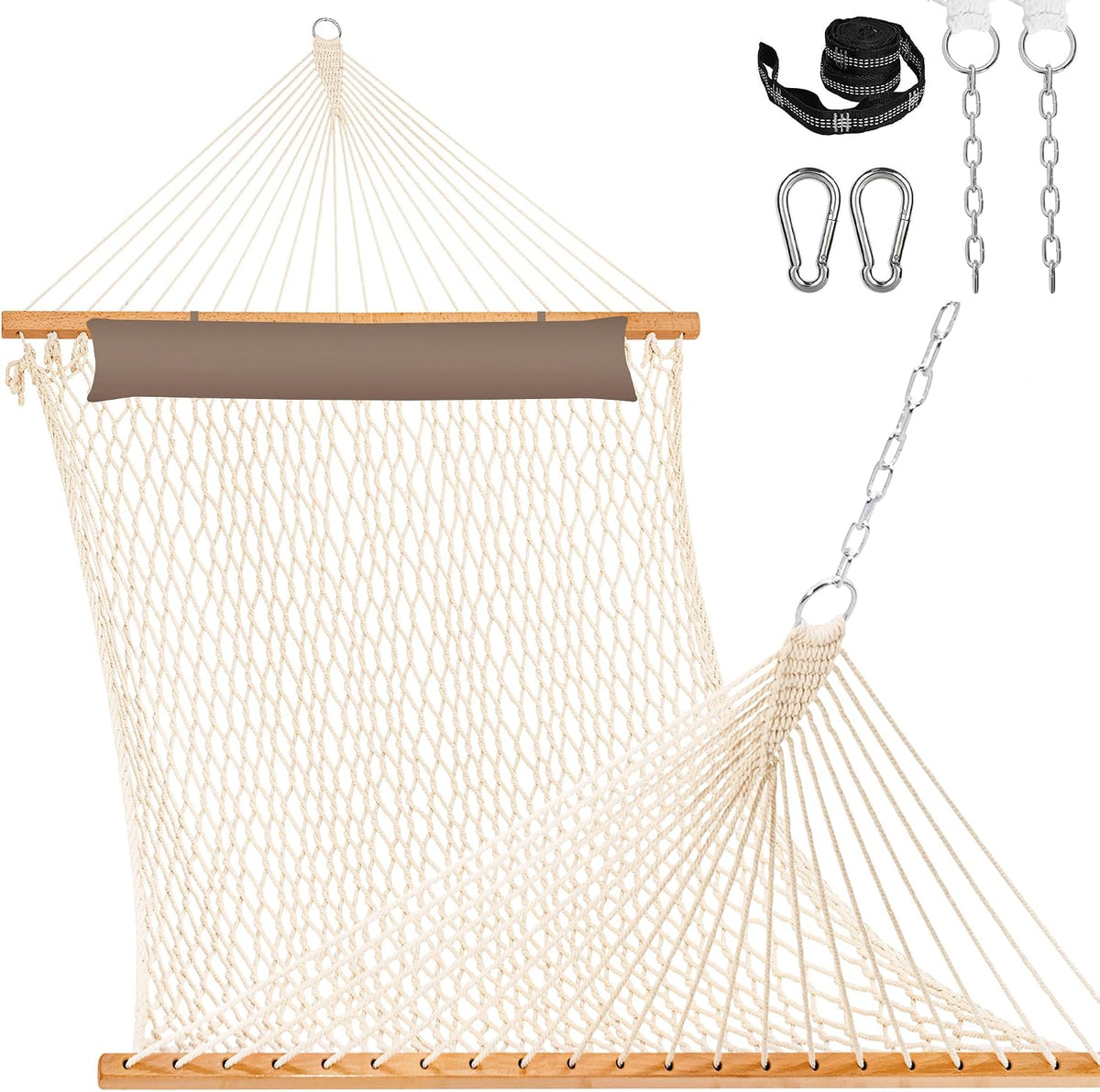 Double Rope Hammocks, Traditional Hand Woven Cotton Hammock with Head Pillow and Spreader Bar, 13FT NATURAL