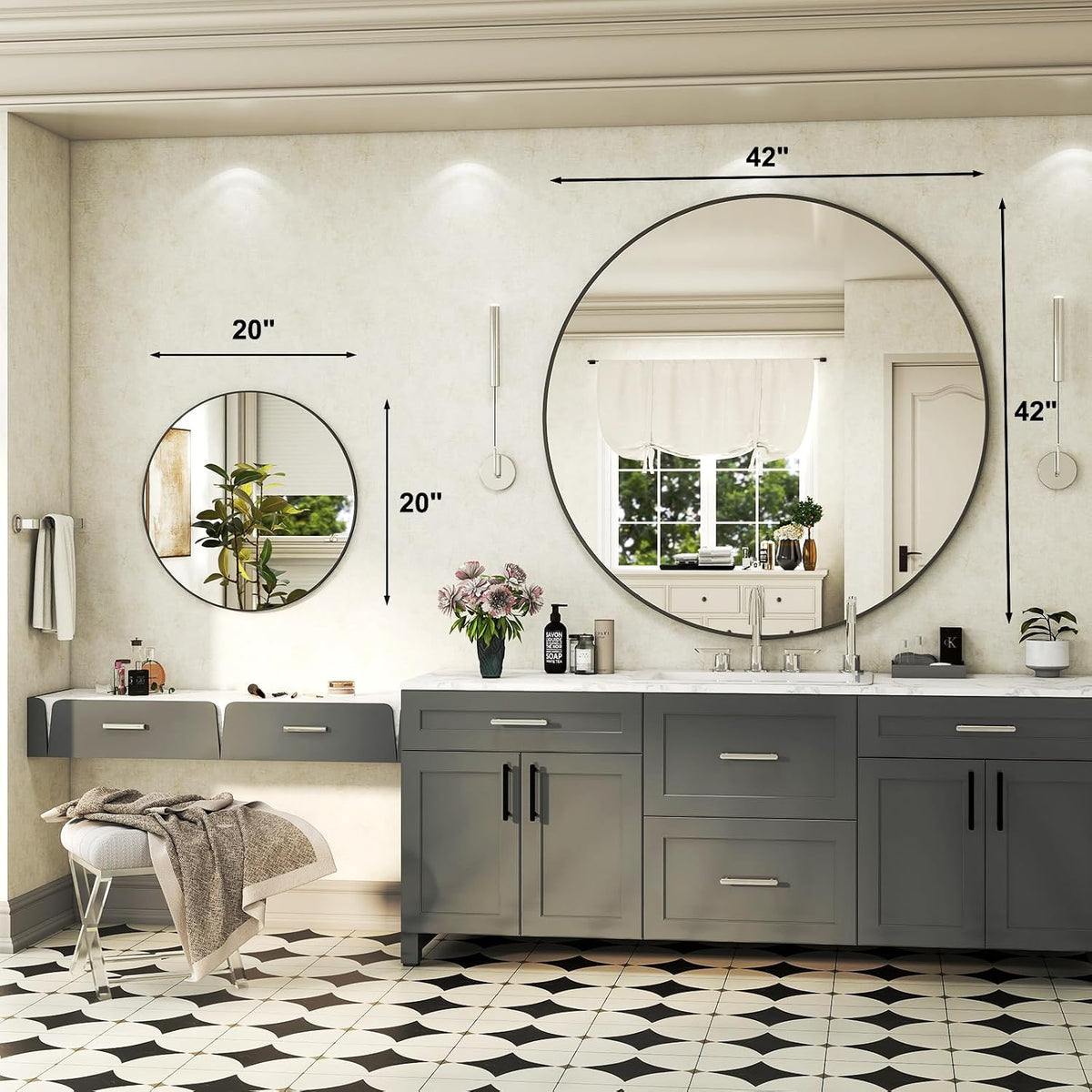 42 Inch Round Bathroom Mirror - Black Wall Mounted Circle Mirror with Metal Frame Round black