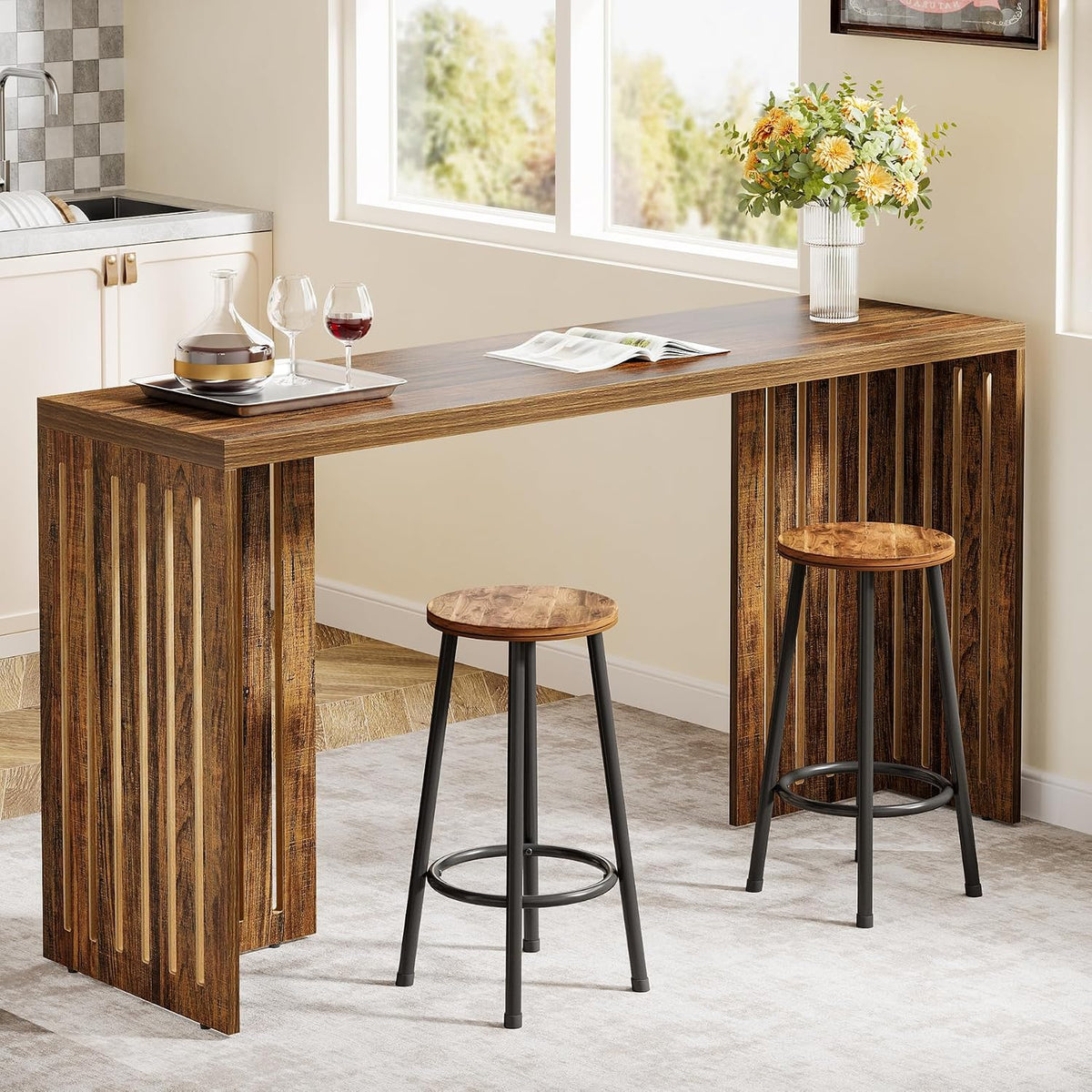 Lantine Bar Table,63-Inch Counter Height Pub Table, Rustic Brown