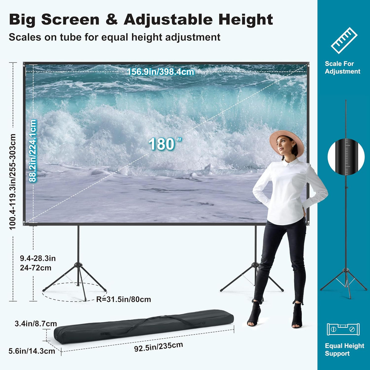 Outdoor Projector Screen with Stand 180 inch 16:9, BLACK