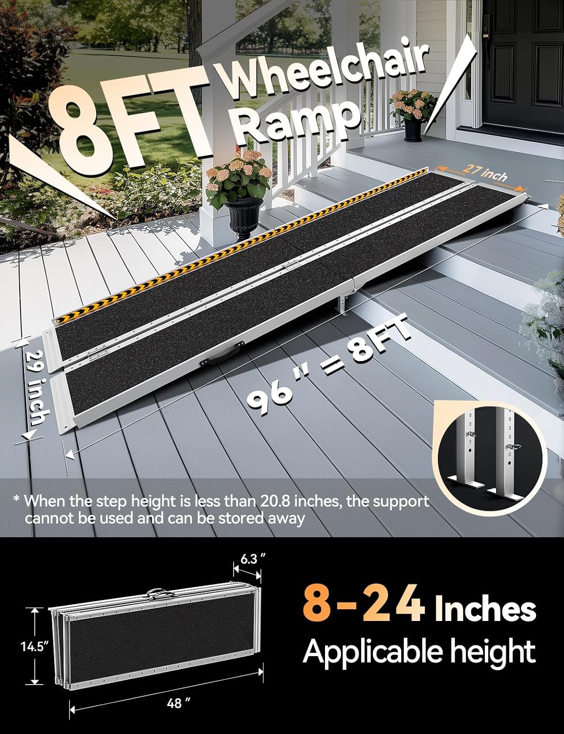 Wheelchair Ramp 96''Lx31.3''W FACHNUO TOOL Non-Skid Aluminum Ramp, 8FT BLACK