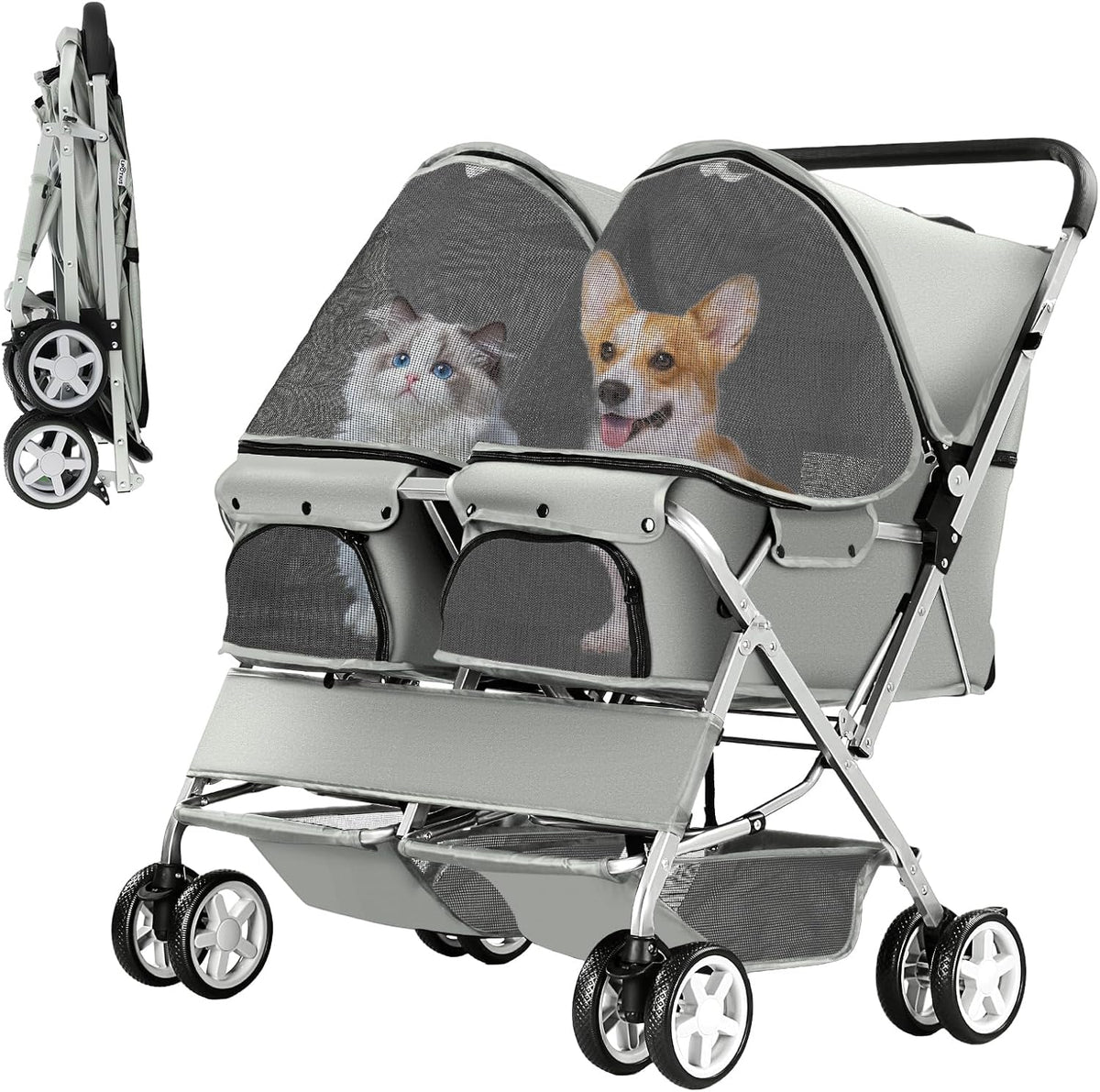 Double Pet Stroller, Foldable Stroller for 2 Dogs &amp; Cats, Two-Seater Carrier, GREEN