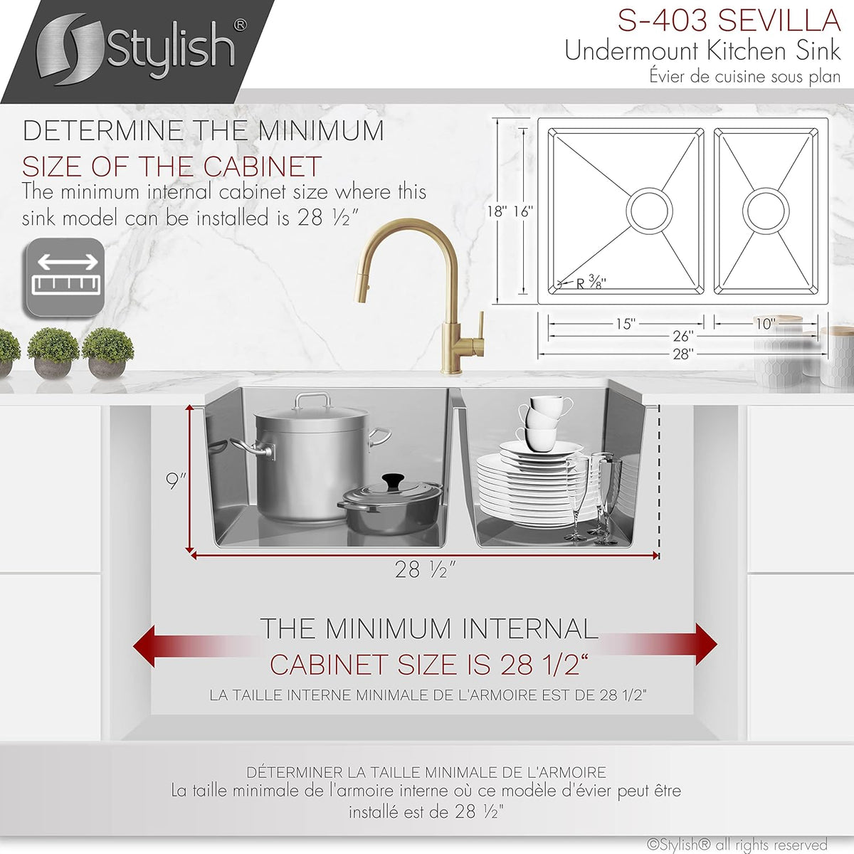 Stylish Builder 28 inch Stainless Steel Undermount Kitchen Sink, S-403