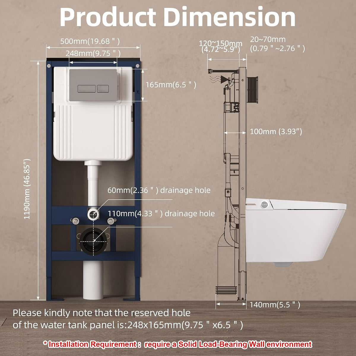 In-Wall Toilet Tank Carrier with Dual-Flush Actuator Plate in Chrome Silver Color, #SS01-M1G
