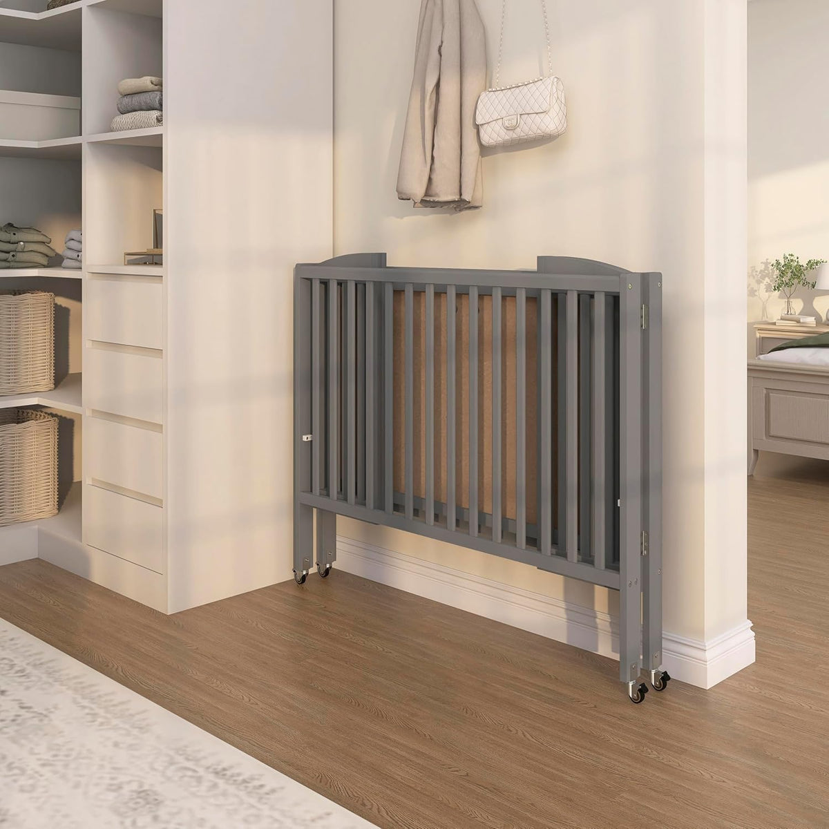Dream On Me Full Size 2-in-1 Folding Stationary Side Crib in Steel Grey,