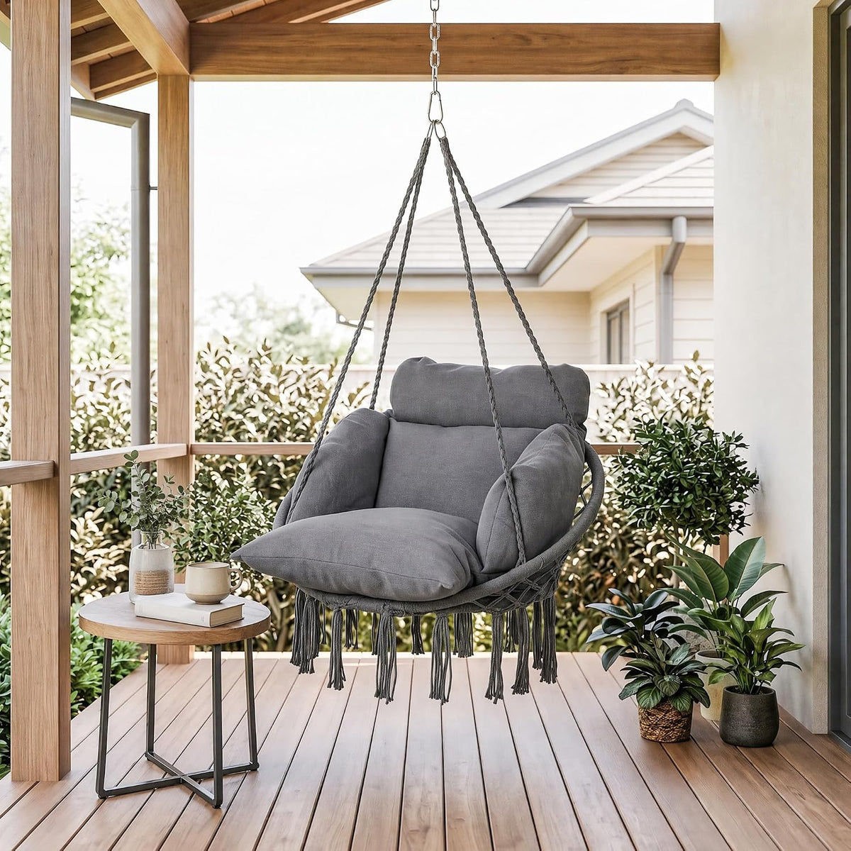 Hammock Chair with Cushion Chain for Indoor Outdoor Dark Grey