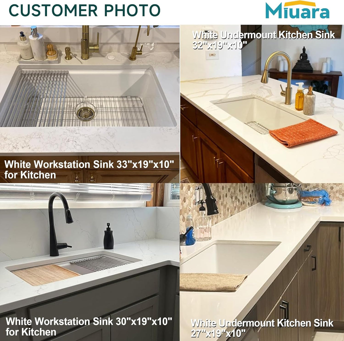 Miuara 33 x 19 Inch Undermount or Drop In Workstation Kitchen Sink, White