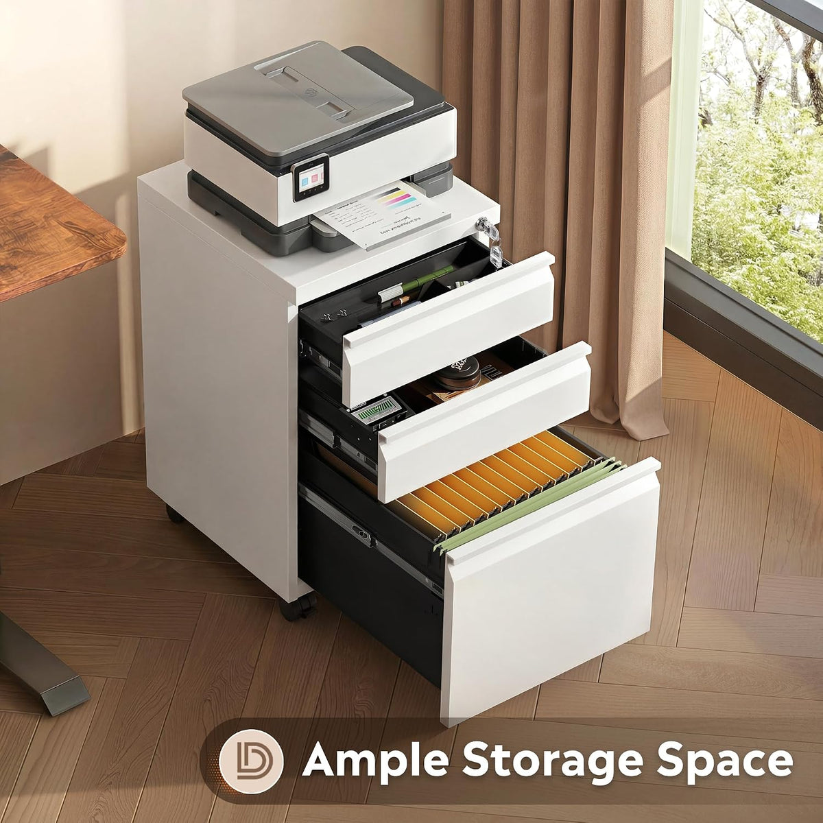 DEVAISE 3 Drawer Mobile File Cabinet Under Desk Office, White, #AHDG021