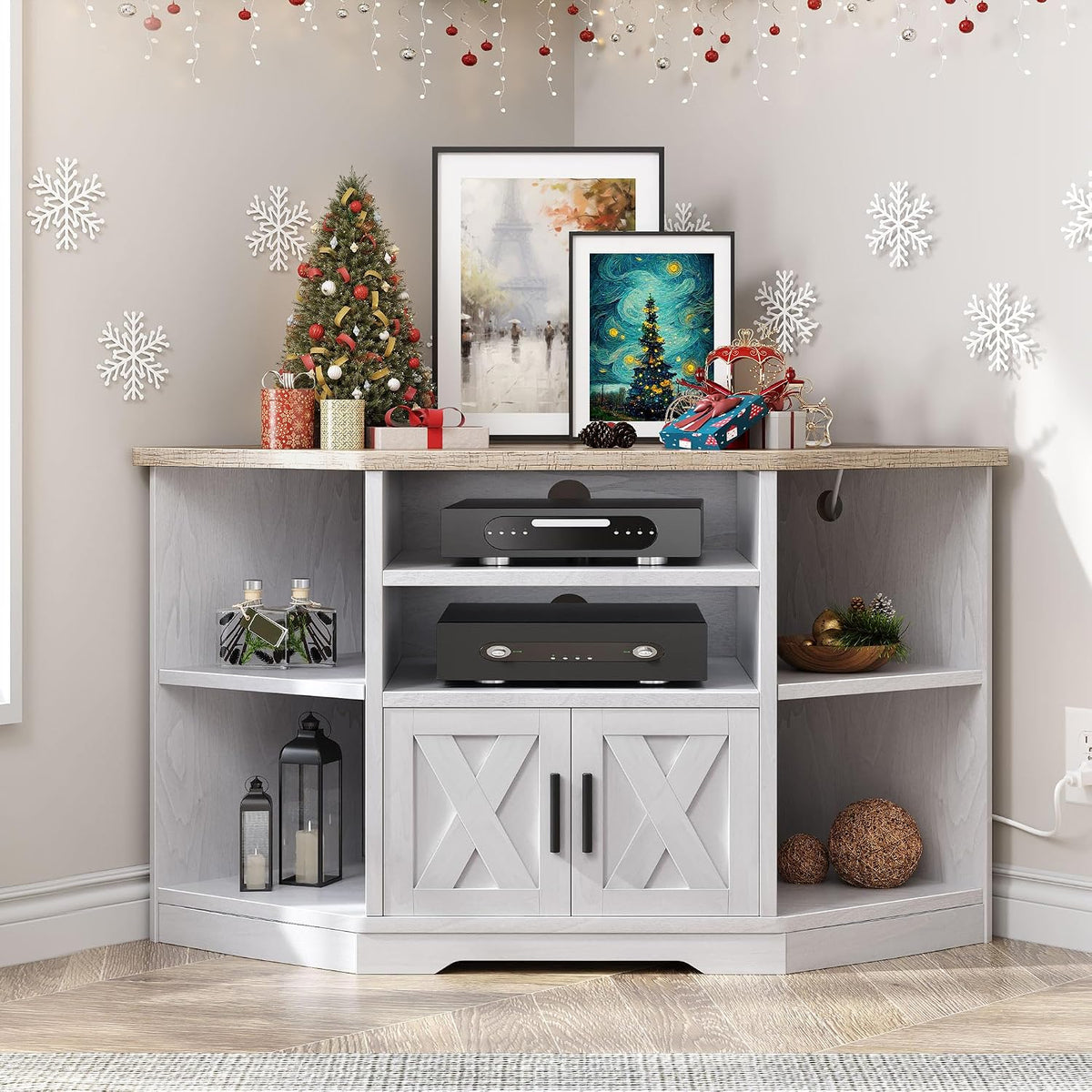 Farmhouse Corner TV Stand for TVs up to 55 Inch. Grey Wash & White