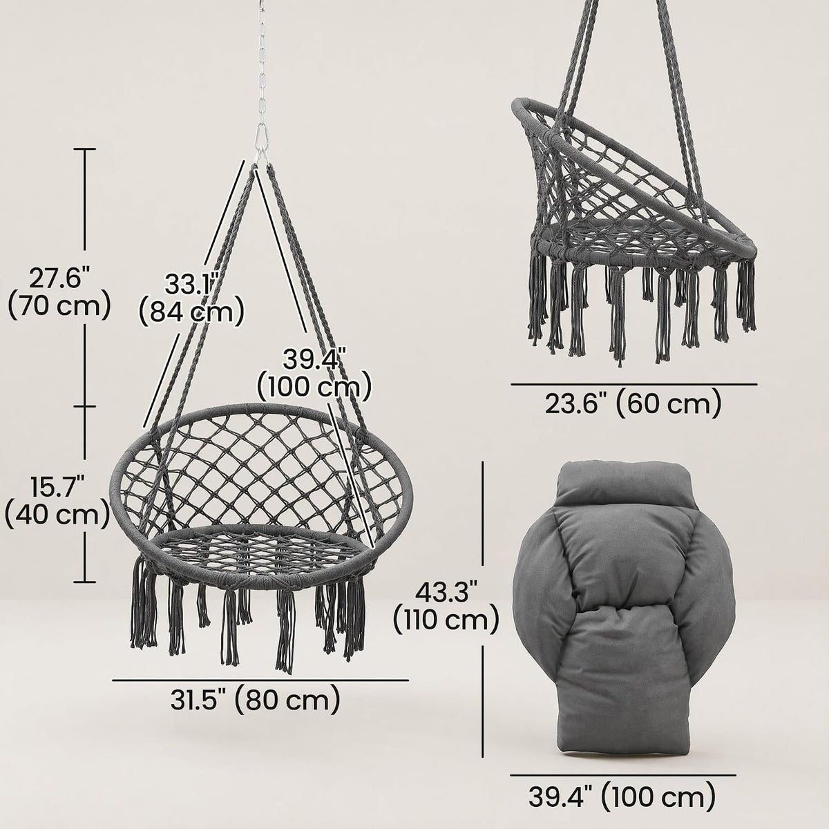 Hammock Chair with Cushion Chain for Indoor Outdoor Dark Grey