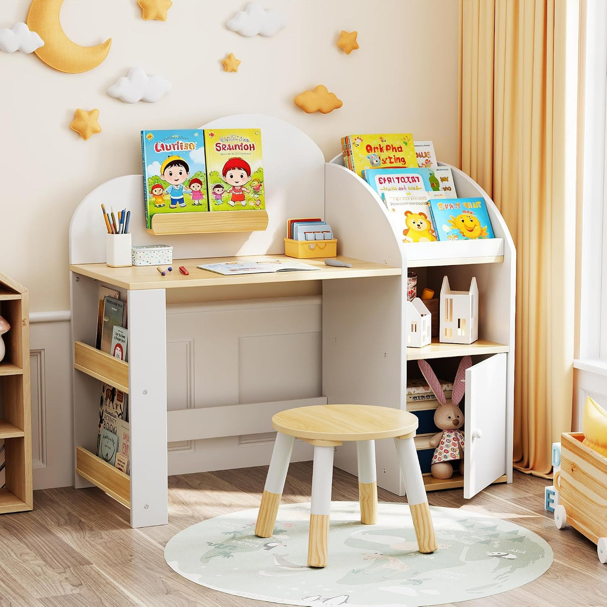 Wooden Kids Desk and Chair Set with Storage, Ages 3-8 (One Child) XILINGOL