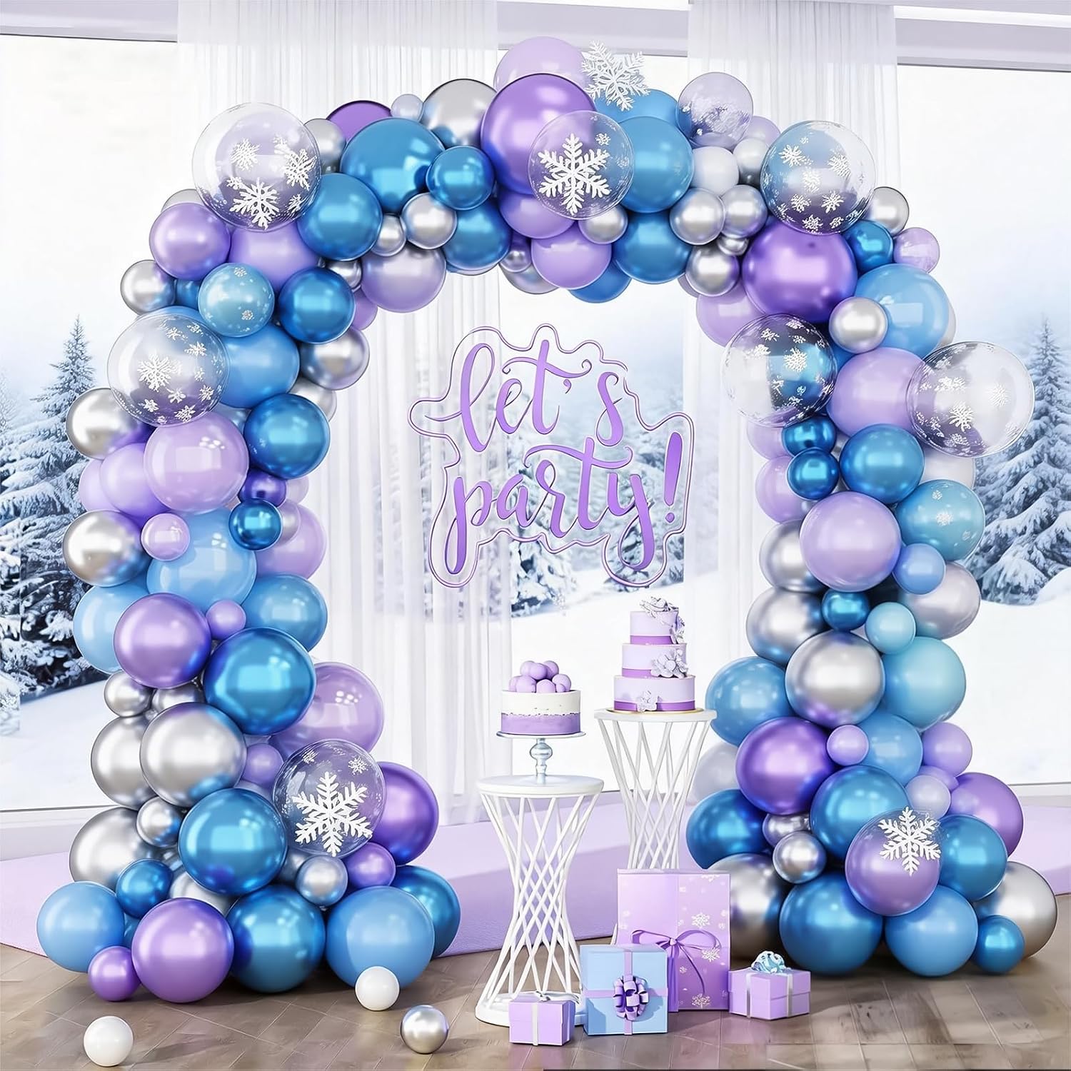 HILAVO Blue Purple Silver Balloon Arch Kit Snowflake Balloons