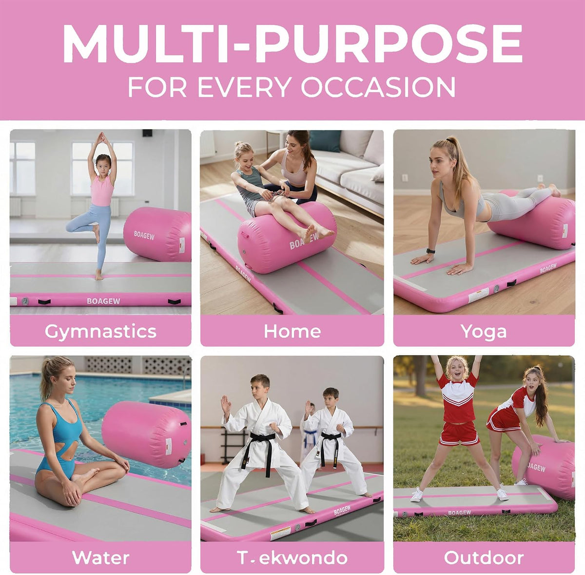 Gymnastics Mat with Air Roller, Pink, 3.3ftx23.6inch