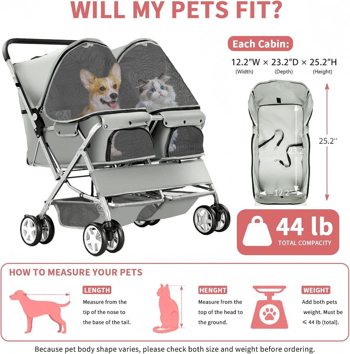 Double Pet Stroller, Foldable Stroller for 2 Dogs &amp; Cats, Two-Seater Carrier, GREEN